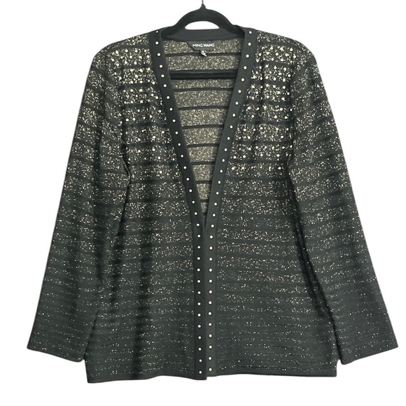 Ming Wang Sweaters - Ming Wang Studded Sparkle Stripe Knit Cardigan Dark Academia Coastal Grandma